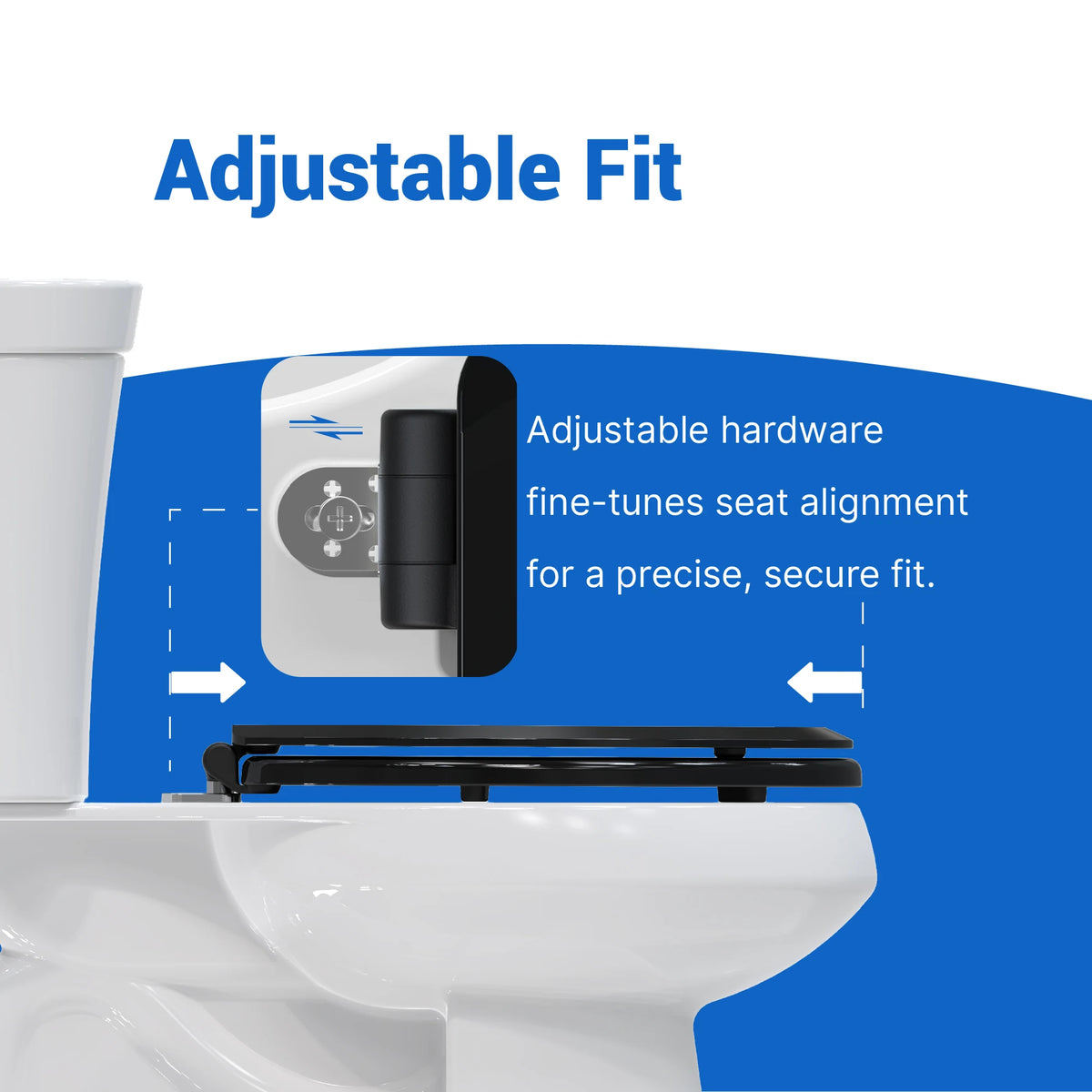 Side view of the Topseat Pro Elite black elongated wood toilet seat showing adjustable hinge hardware for seat alignment.