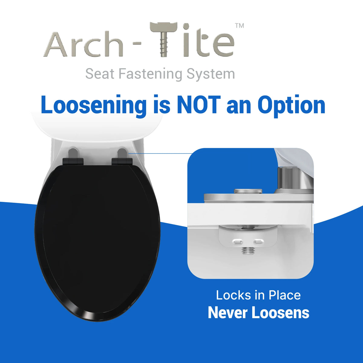 Topseat Pro Elite black elongated wood toilet seat with Arch-Tite™ fastening system and secure mounting hardware.