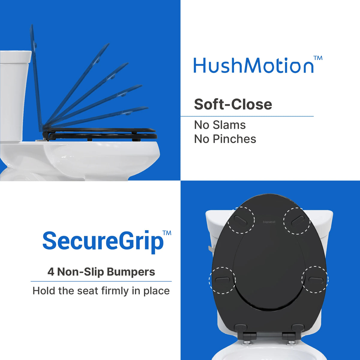 Topseat Pro Elite black elongated wood toilet seat with HushMotion™ soft-close hinges and four SecureGrip™ non-slip bumpers.