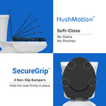 Topseat Pro Elite black elongated wood toilet seat with HushMotion™ soft-close hinges and four SecureGrip™ non-slip bumpers.
