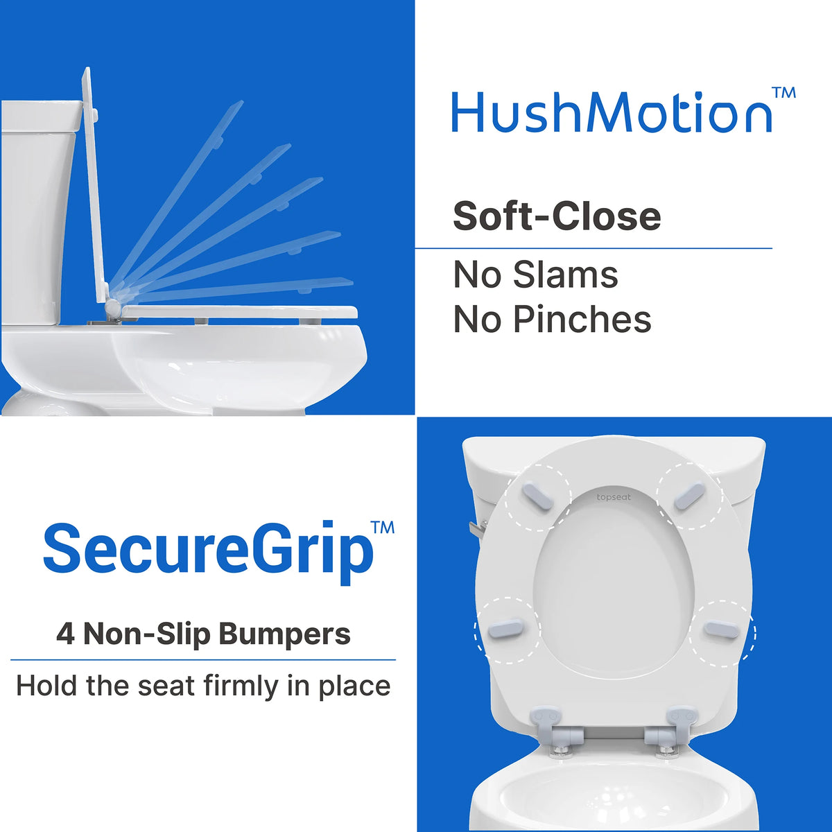 Topseat Pro Elite white round wood toilet seat with soft-close hinges and four non-slip bumpers