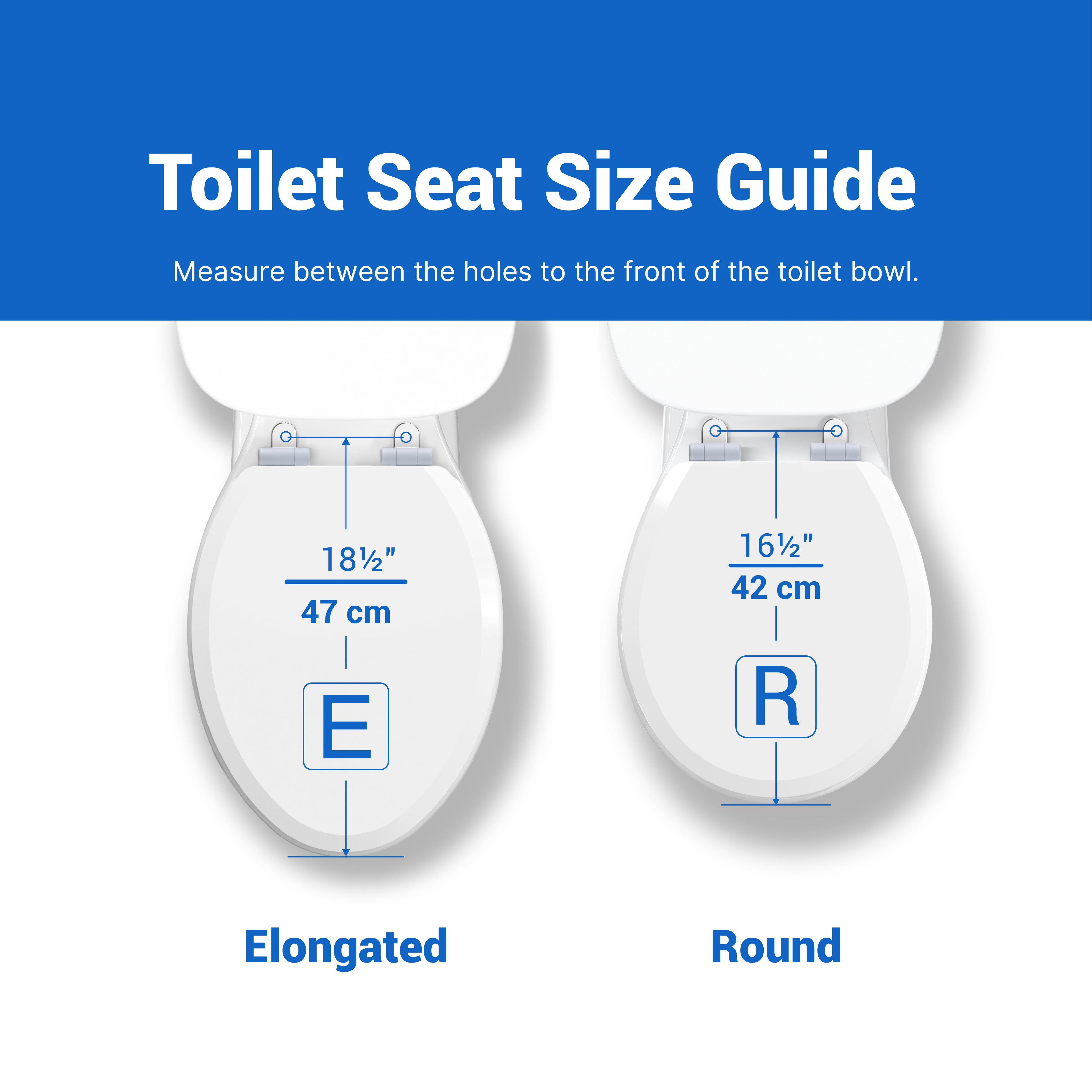 Toilet seat size guide with 'Elongated' and 'Round' options on a white background.