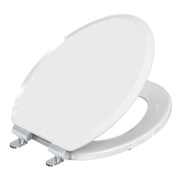 Angled view of the heavy-duty Topseat Pro Elite elongated white toilet seat, featuring a durable wood core, HushMotion soft-close technology, and the sleek metal Magic Hinge system. #White_Elongated
