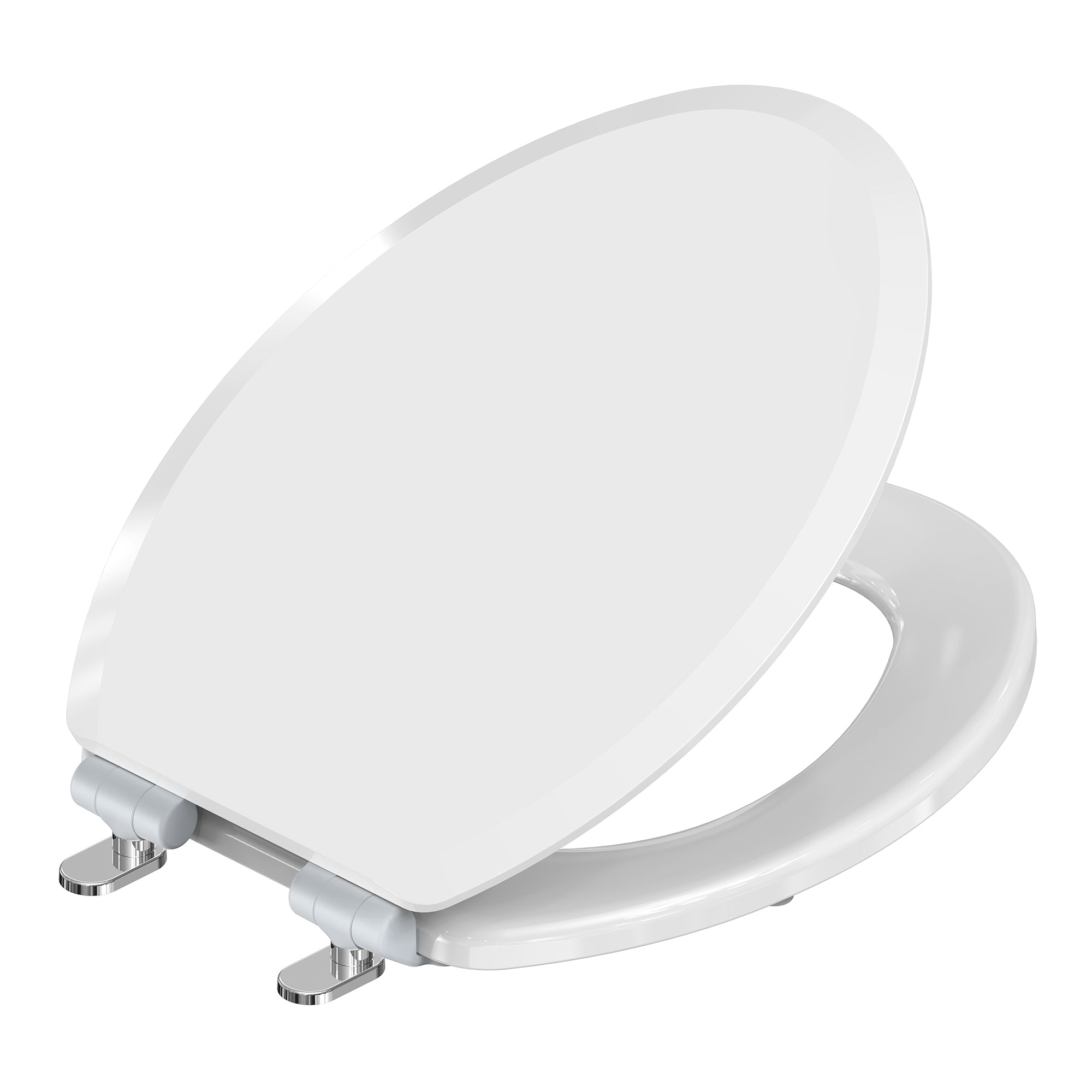 Angled view of the heavy-duty Topseat Pro Elite elongated white toilet seat, featuring a durable wood core, HushMotion soft-close technology, and the sleek metal Magic Hinge system. #White_Elongated
