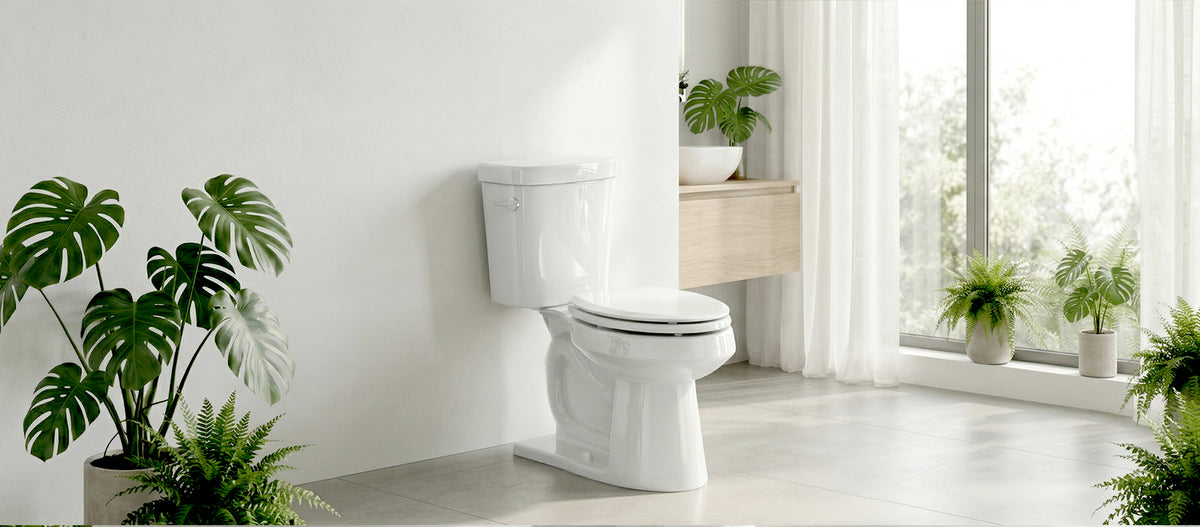 Topseat white toilet seat installed in a bright modern bathroom