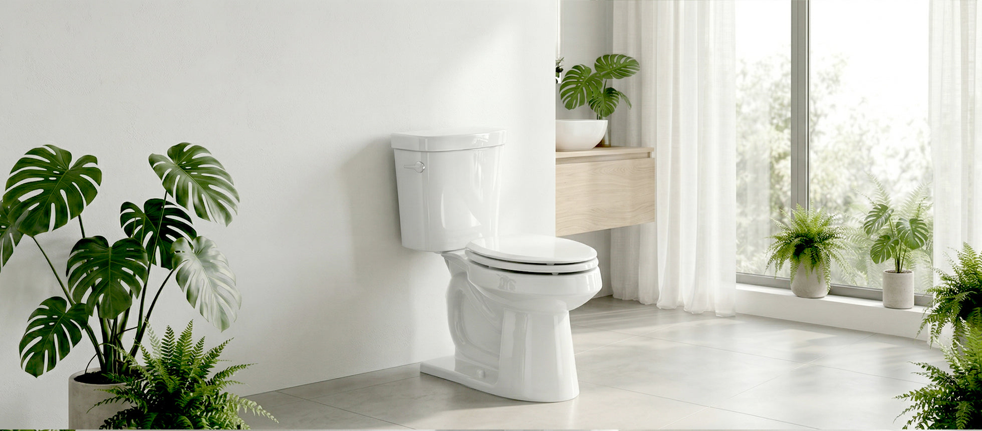 A pristine, bright modern bathroom showcasing the heavy-duty Topseat Pro Elite white wood toilet seat. Framed by lush Monstera and fern plants against a crisp white wall, the scene highlights the seat's minimalist design and effortless integration into luxury spaces.