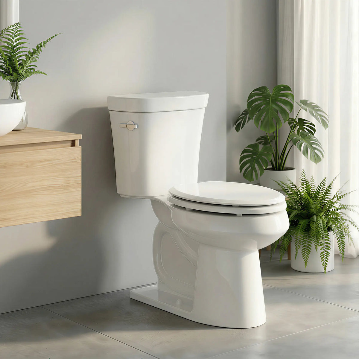 Topseat Pro Elite white wood toilet seat in a bright modern bathroom. 