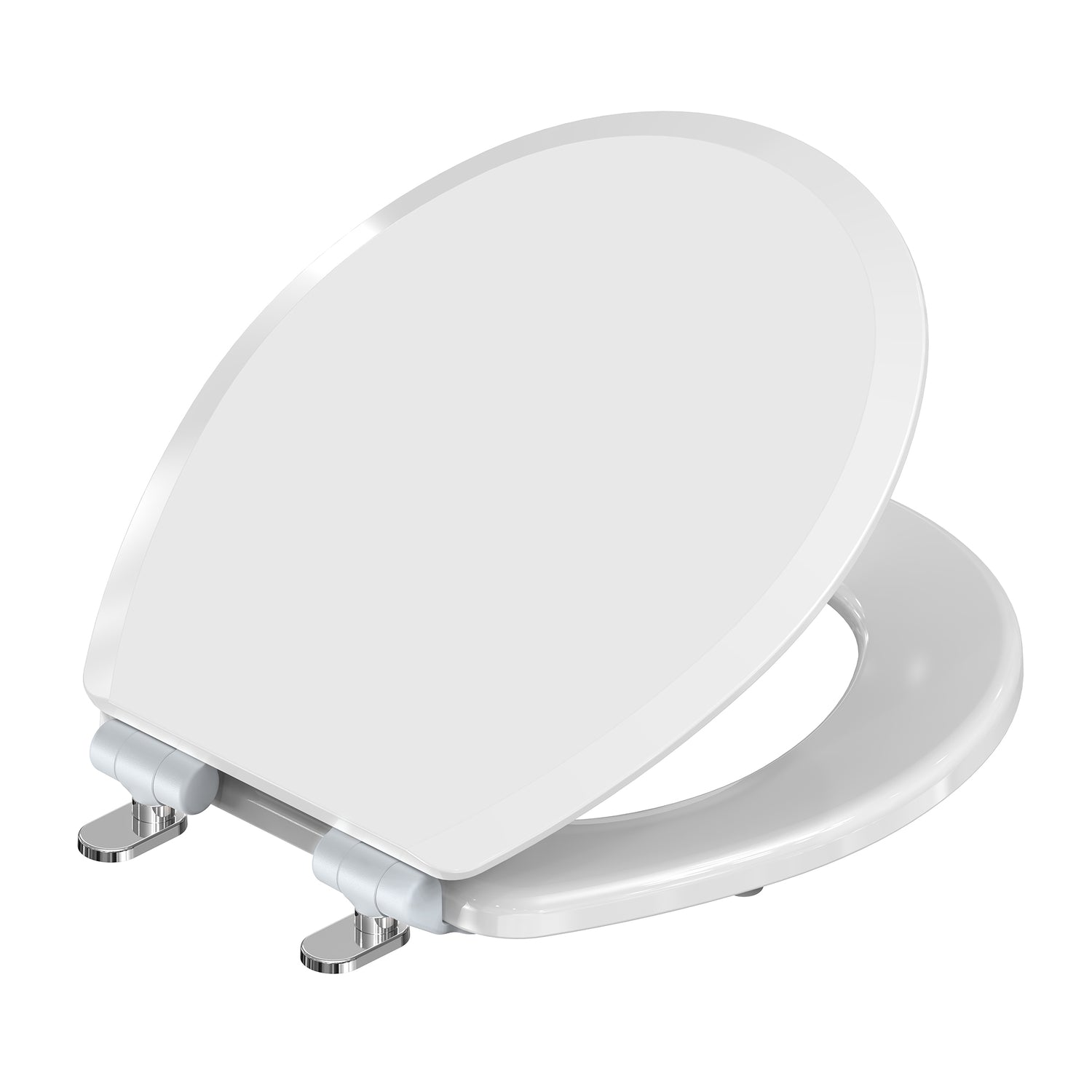 Angled open view of the Topseat Pro Elite round white wood toilet seat, showcasing the heavy-duty wood construction, StainShield high-gloss finish, and the magnetic quick-release Magic Hinge designed for smooth, soft-close operation. 