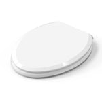Angled view of the Topseat Pro elongated white toilet seat with closed lid.