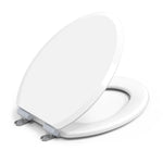 Topseat Pro elongated white toilet seat shown with lid open, featuring durable wood construction and high-gloss finish.