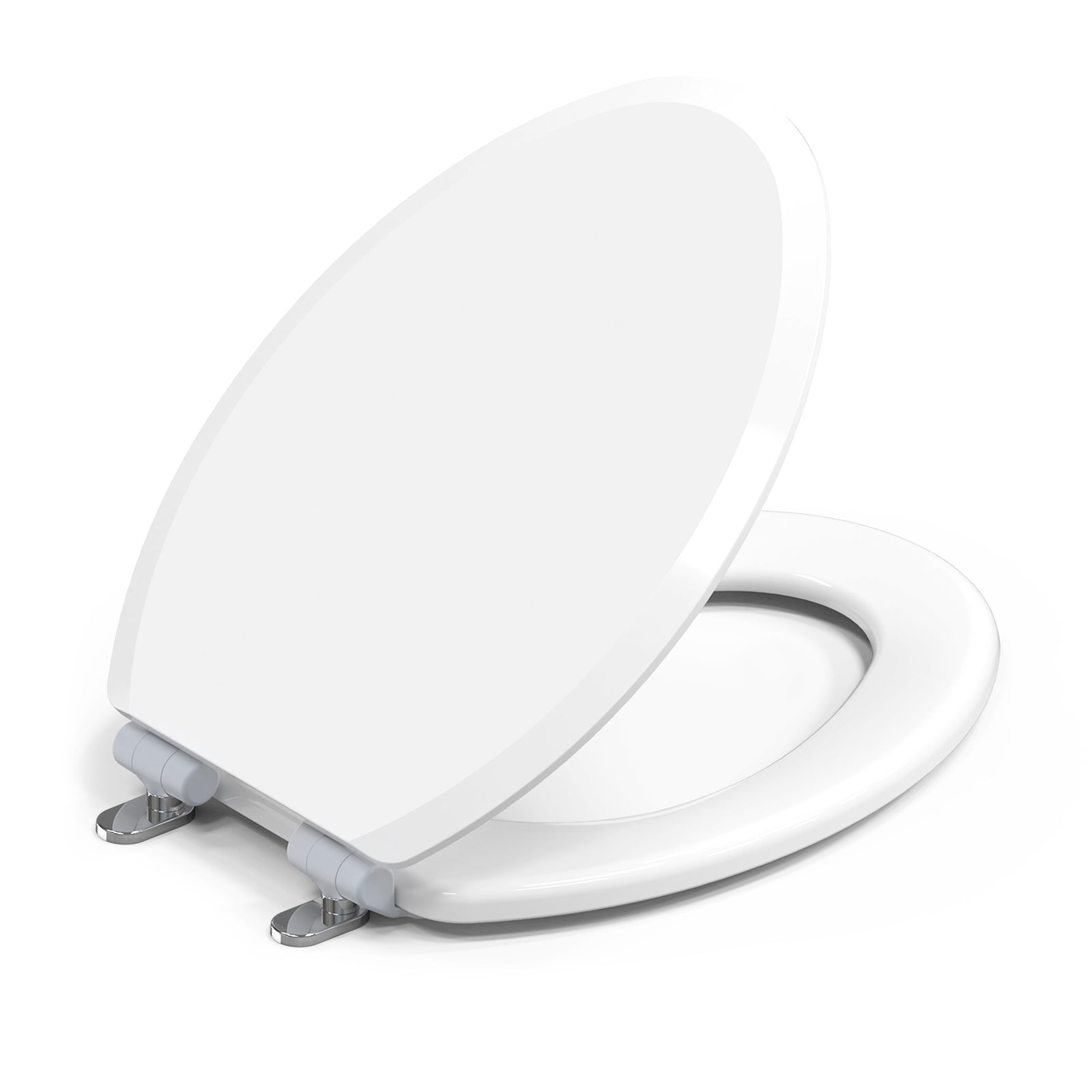 Topseat Pro elongated white toilet seat shown with lid open, featuring durable wood construction and high-gloss finish.