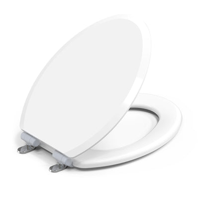 Topseat Pro elongated white toilet seat shown with lid open, featuring durable wood construction and high-gloss finish.