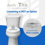 Feature graphic showing Arch-Tite fastening hardware that never loosens for the Topseat Pro elongated white toilet seat.