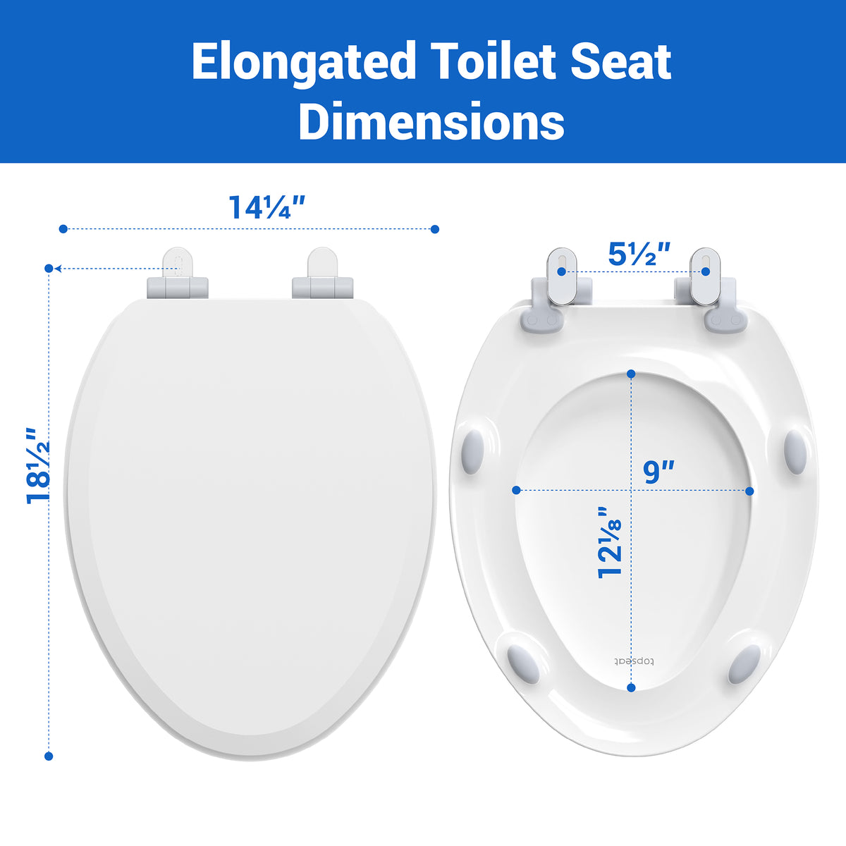 Dimensions guide for the Topseat Pro elongated white toilet seat, showing standard elongated bowl measurements and 5.5-inch fixed bolt spread.