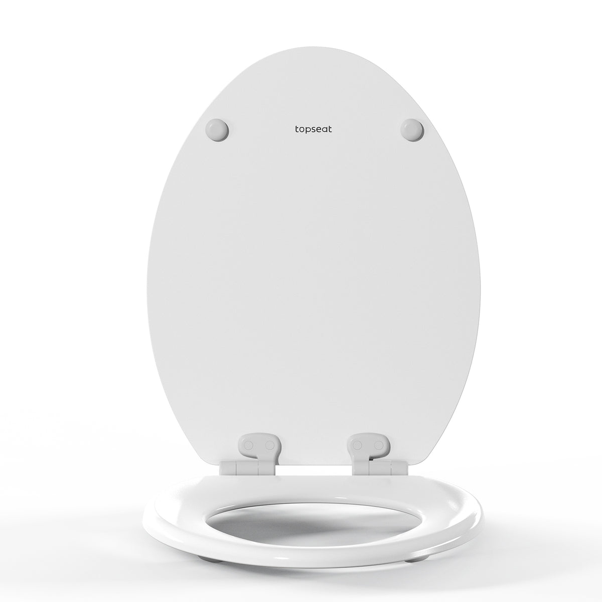 Front-facing view of the Topseat Pro elongated white toilet seat with the lid open.