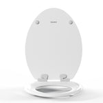 Front-facing view of the Topseat Pro elongated white toilet seat with the lid open.