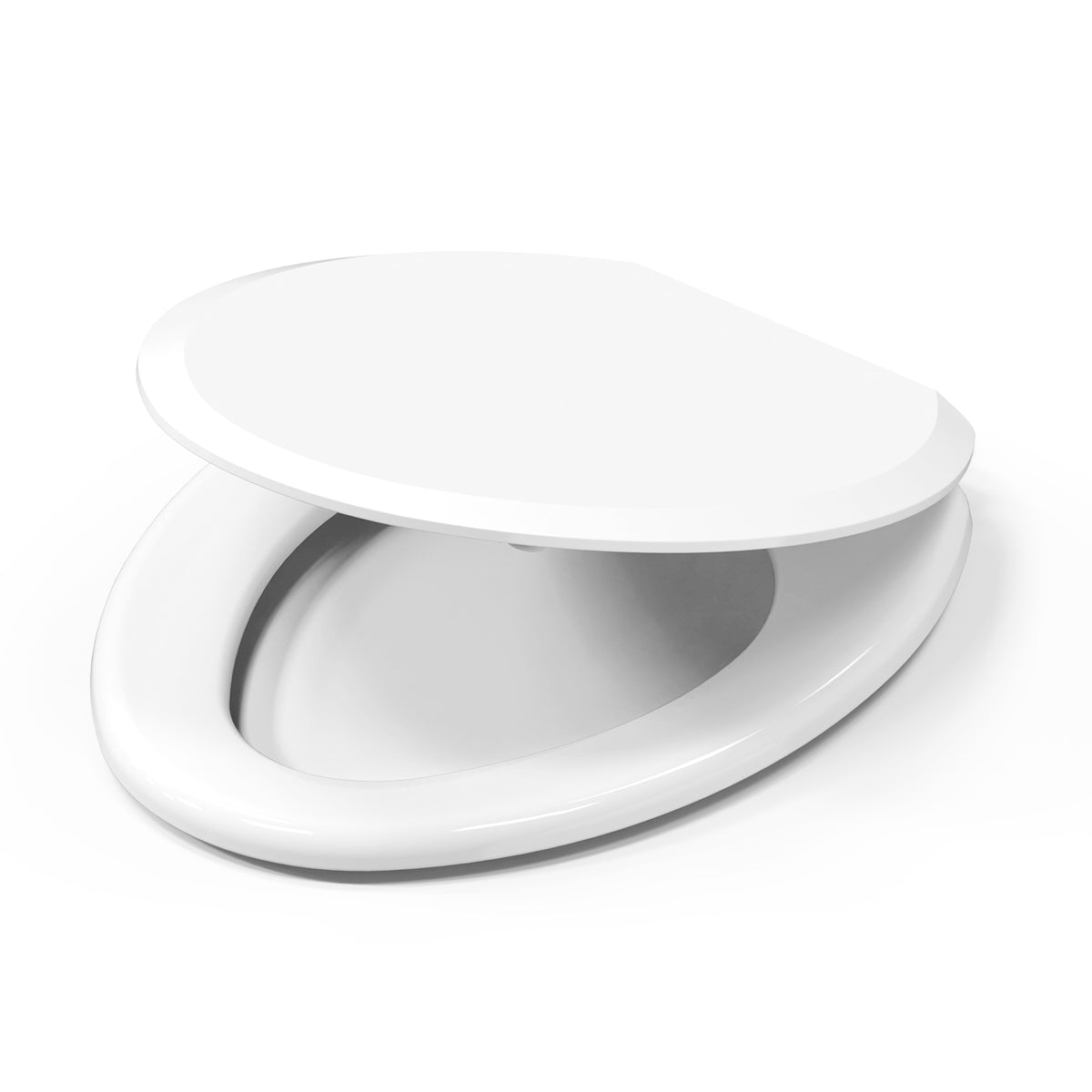Topseat Pro elongated white toilet seat shown with lid half-open.