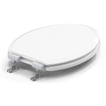Close-up angled view of the Topseat Pro elongated white toilet seat highlighting the hardware and hinges.