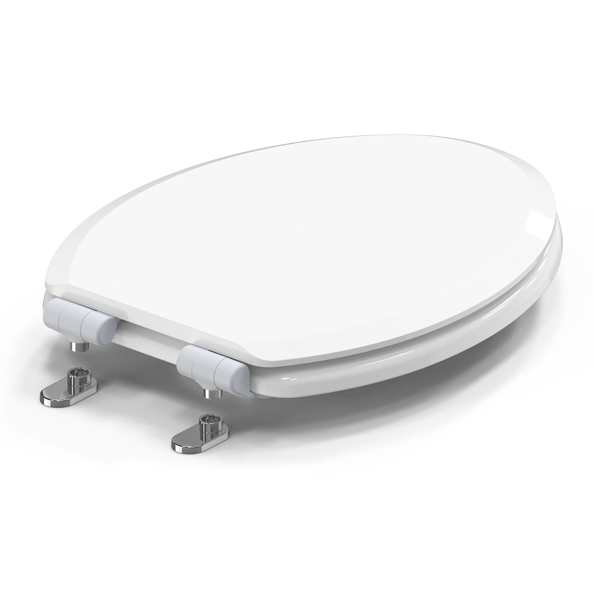 Close-up angled view of the Topseat Pro elongated white toilet seat highlighting the hardware and hinges.