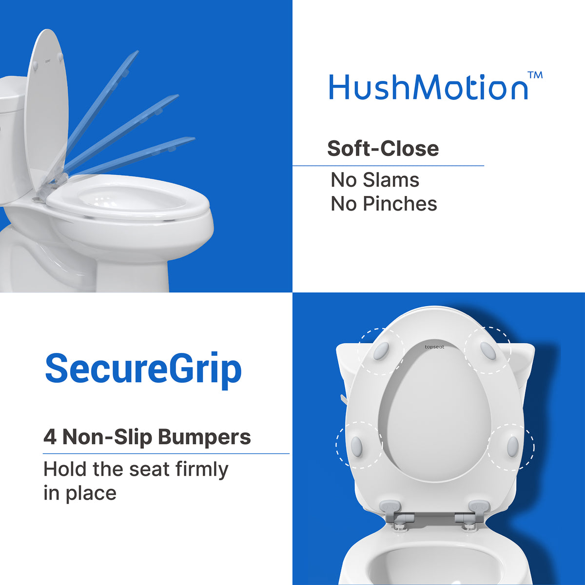 Feature graphic highlighting the HushMotion soft-close technology and SecureGrip non-slip bumpers.