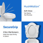 Feature graphic highlighting the HushMotion soft-close technology and SecureGrip non-slip bumpers.