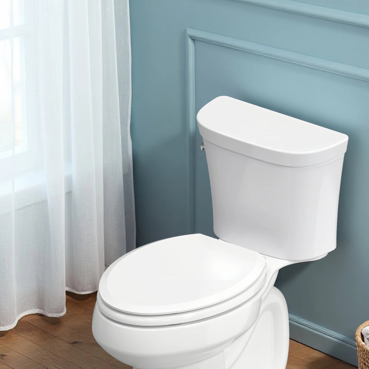 Topseat Pro elongated white wood toilet seat installed in a modern minimalist bathroom with soft natural lighting.