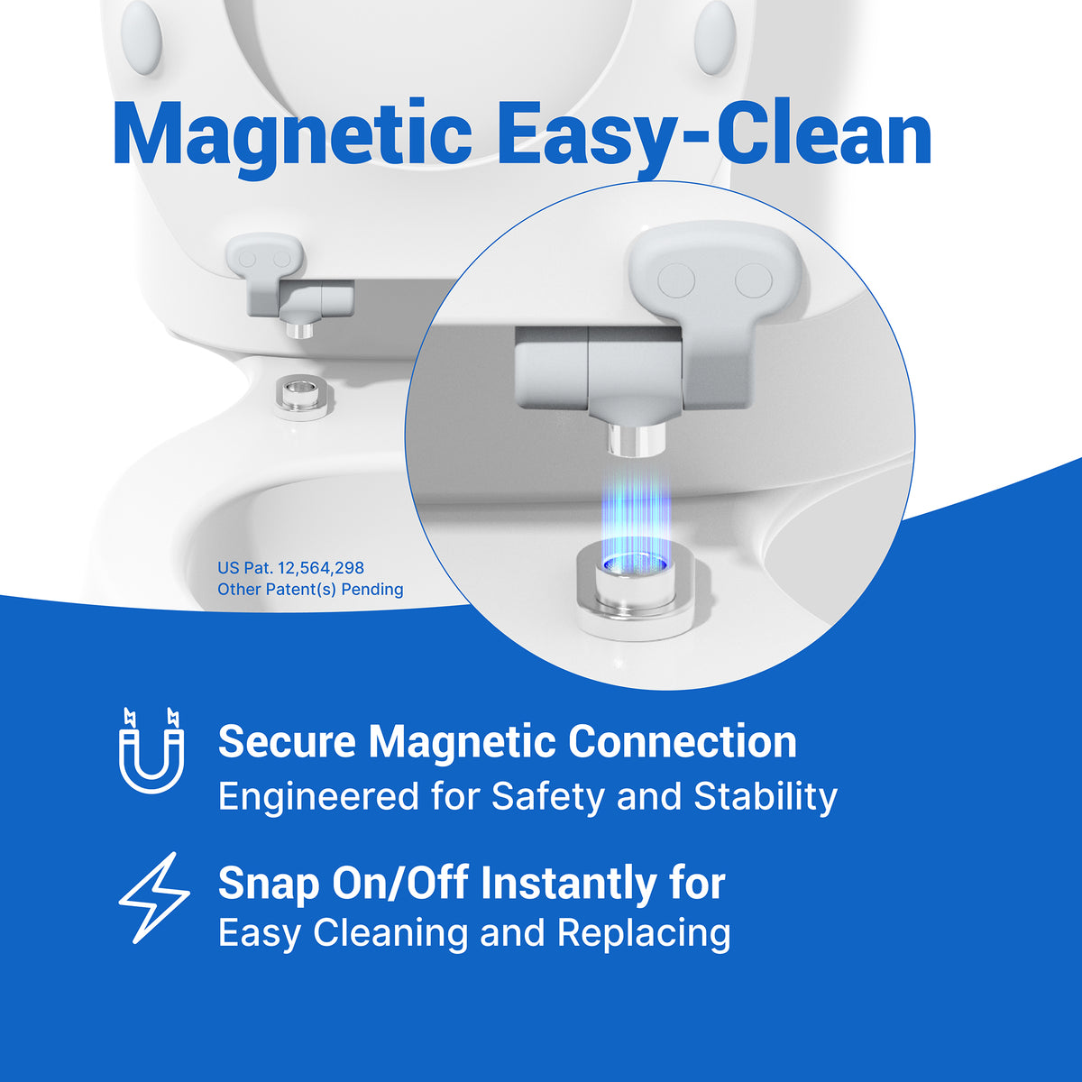 Feature graphic illustrating the Magic Hinge magnetic quick-release for easy cleaning on the Topseat Pro elongated white toilet seat.