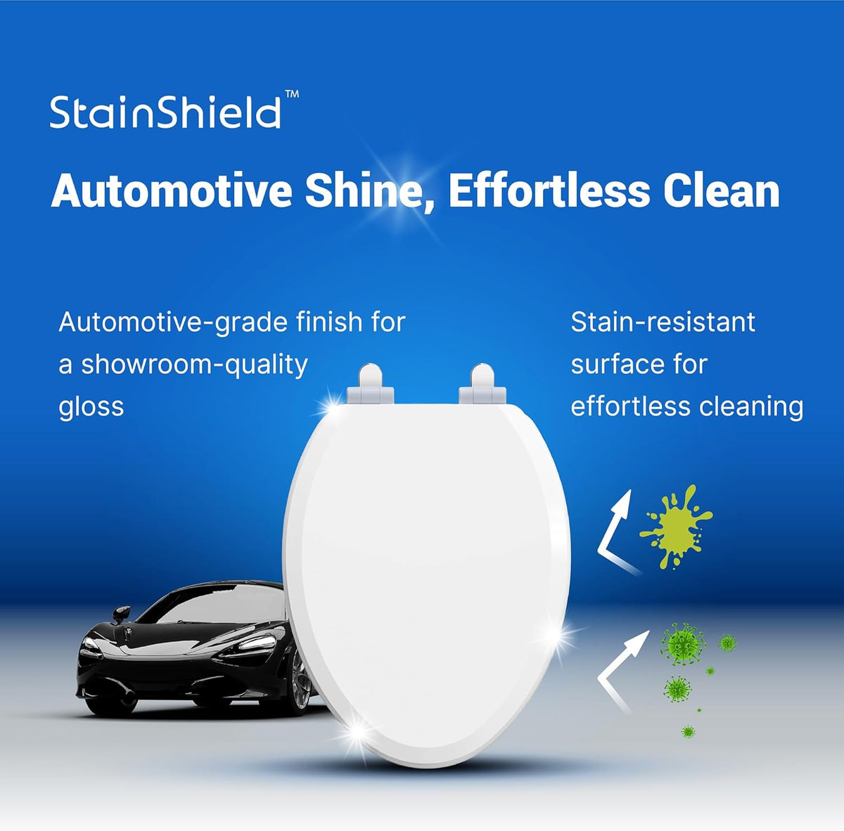 Feature graphic explaining the StainShield automotive-grade high-gloss finish for the Topseat Pro elongated white toilet seat.