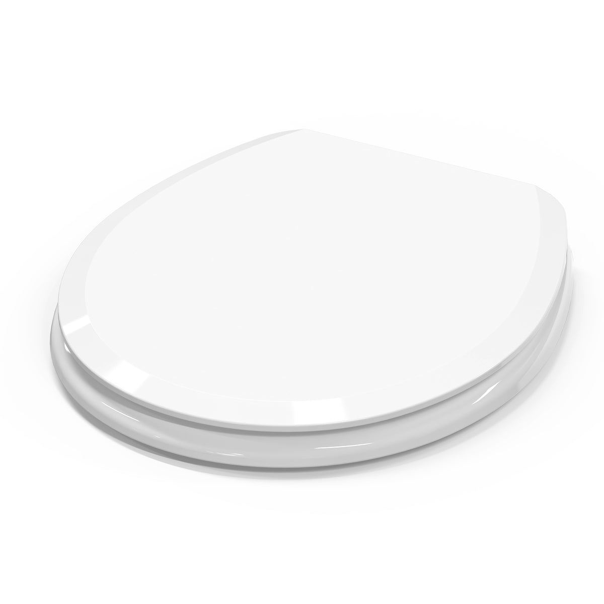Angled view of the Topseat Pro round white toilet seat with closed lid