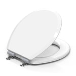 Topseat Pro round white toilet seat shown with lid open, featuring durable wood construction and high-gloss finish.