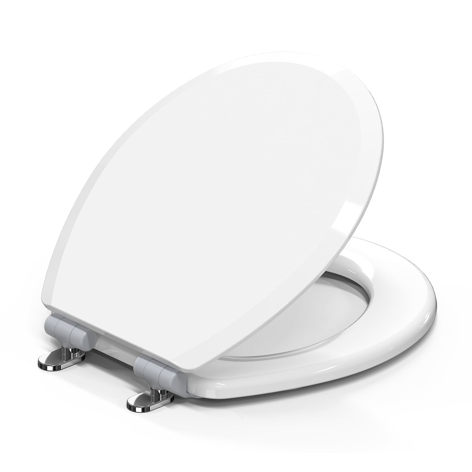 Topseat Pro round white toilet seat shown with lid open, featuring durable wood construction and high-gloss finish.