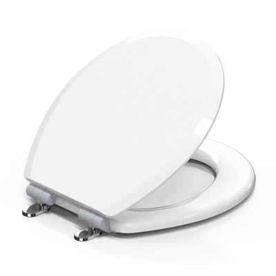 Topseat Pro round white toilet seat shown with lid open, featuring durable wood construction and high-gloss finish.