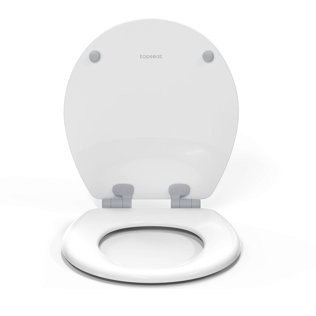 Bottom view of the Topseat Pro round white toilet seat displaying four non-slip bumpers.
