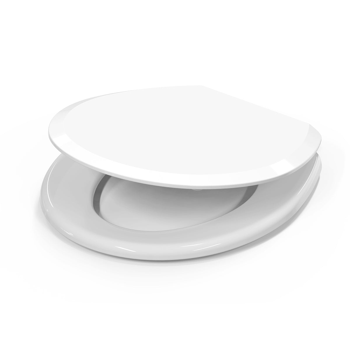 Topseat Pro round white toilet seat shown with lid half-open.