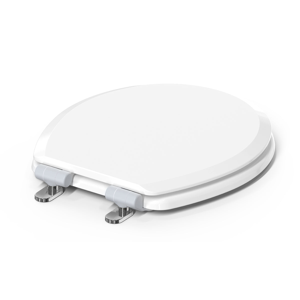 Close-up of the Topseat Pro round white toilet seat showing the magnetic quick-release hinges.