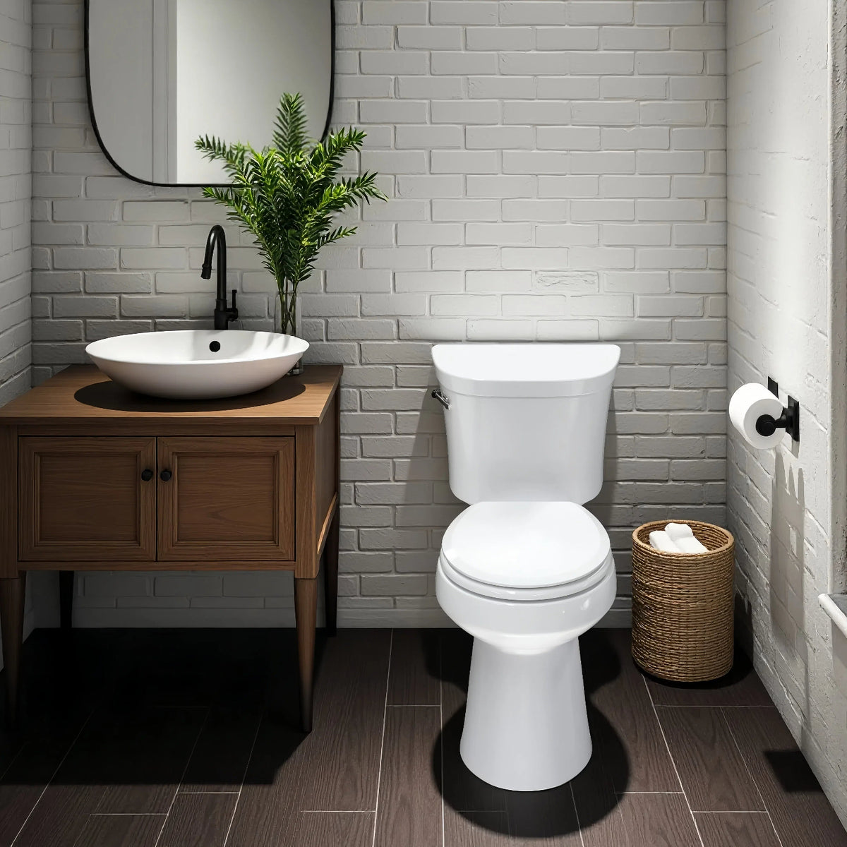 Topseat Pro round white wood toilet seat installed in a modern minimalist bathroom.