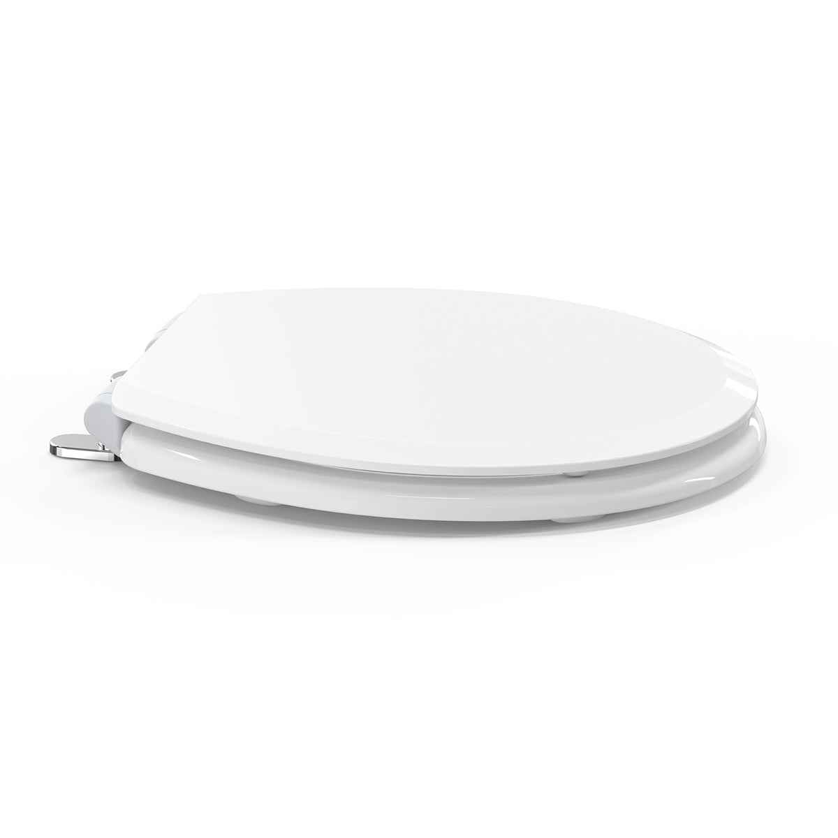 Side profile view of the Topseat Pro round white toilet seat with closed lid.