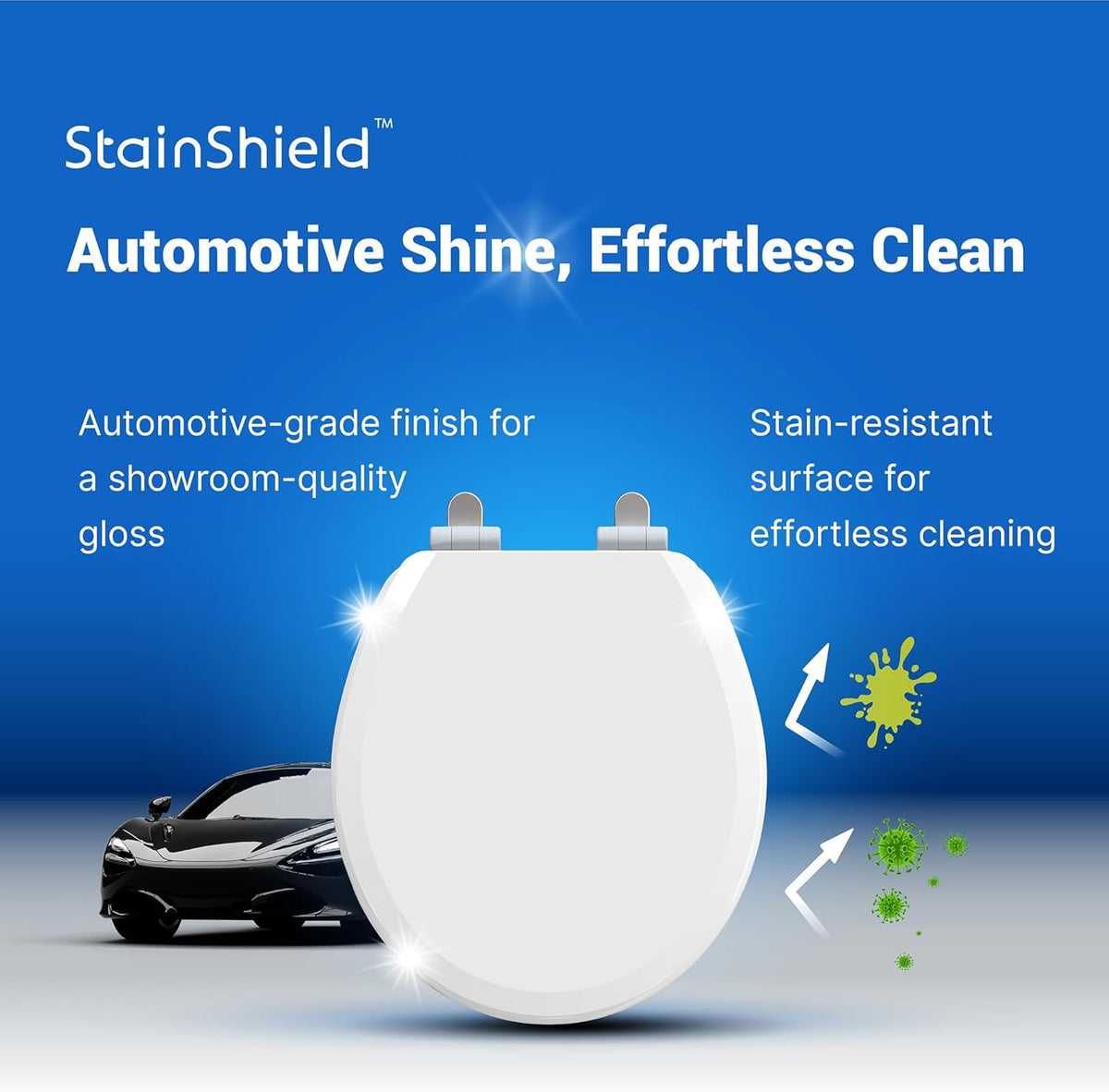 Topseat Pro round white toilet seat feature graphic explaining the StainShield automotive-grade high-gloss finish.