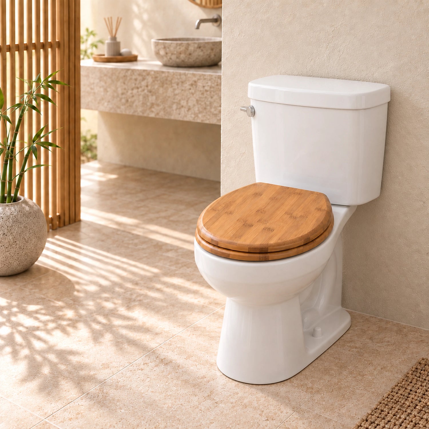 Topseat round bamboo toilet seat installed on a white toilet in a warm modern bathroom