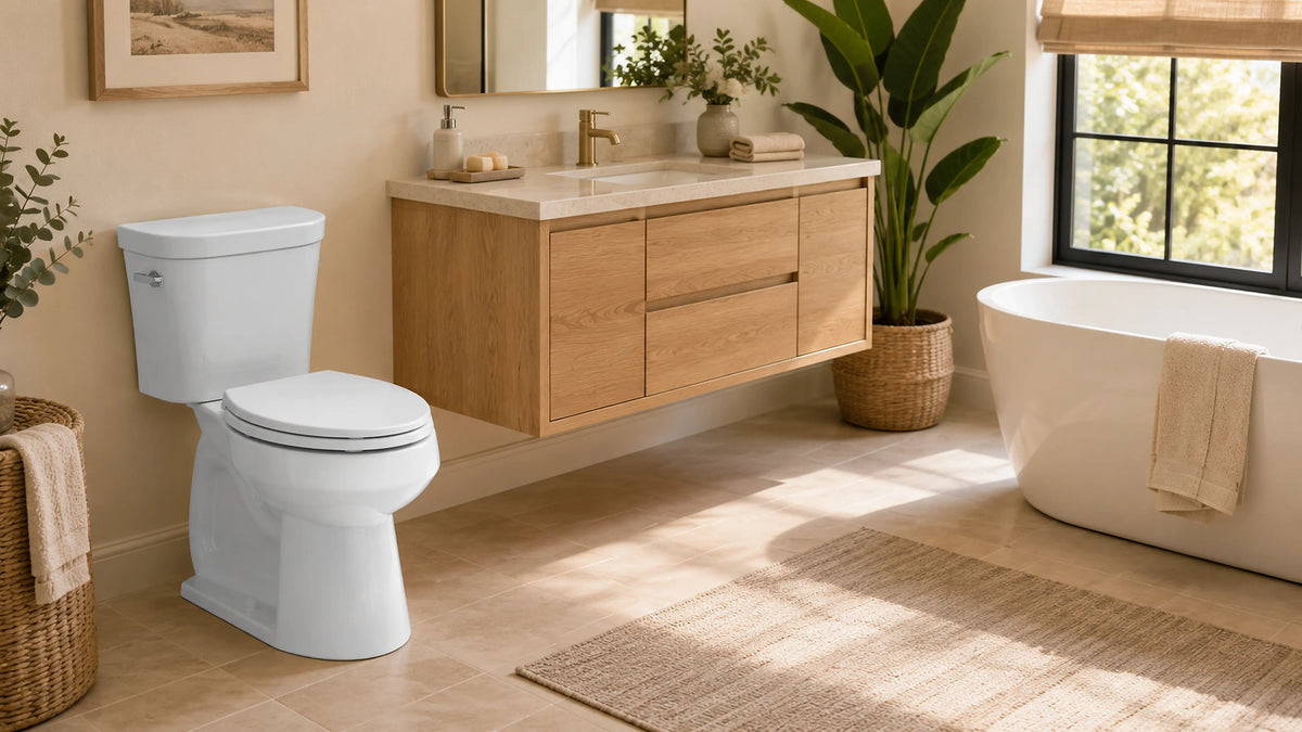 A pristine white Topseat round toilet seat installed in a bright, organic minimalist bathroom.