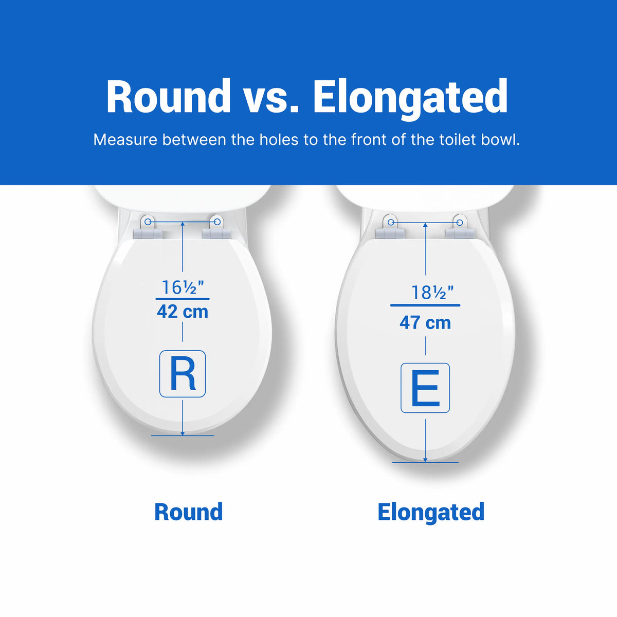 topseat measurement guide comparing Round vs. Elongated toilet bowls. Shows a round bowl measuring 16.5 inches (42 cm) and an elongated bowl measuring 18.5 inches (47 cm) from the fixed bolt holes to the front of the bowl.