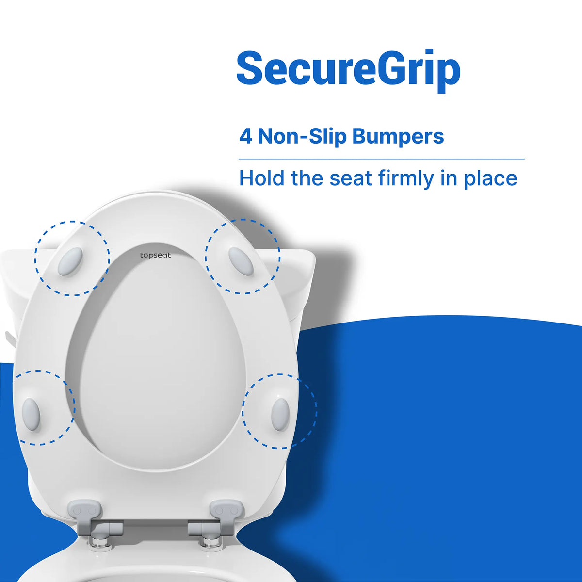 Topseat toilet seat showing the SecureGrip feature with 4 non-slip bumpers that hold the seat firmly in place.