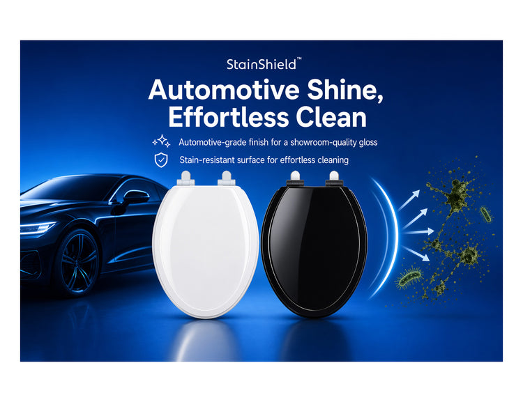 Banner illustrating Topseat's StainShield™ technology. High-gloss white and black toilet seats are displayed next to a luxury car to highlight the automotive-grade finish. A glowing shield graphic demonstrates the stain-resistant surface actively repelling germs and grime, ensuring a showroom-quality gloss and effortless cleaning.