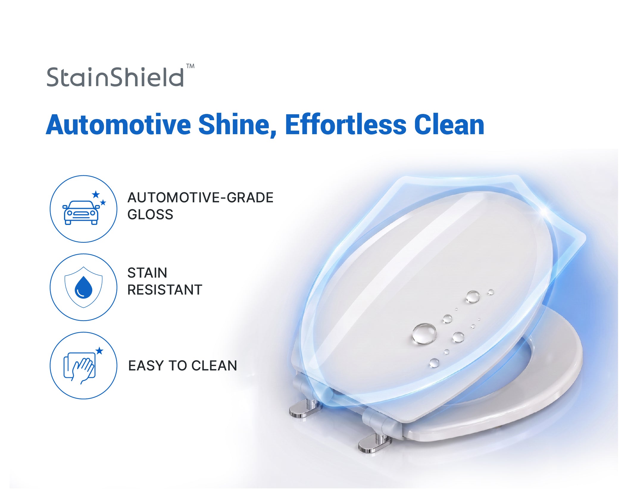 Promotional graphic for the Topseat StainShield toilet seat. The right side features a white toilet seat with water droplets, enclosed in a glowing blue shield outline. On the left, text reads "StainShield™ Automotive Shine, Effortless Clean," accompanied by a vertical stack of three icons indicating "Automotive-Grade Gloss," "Stain Resistant," and "Easy To Clean."