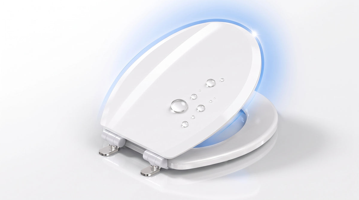 Topseat StainShield wood toilet seat with a smooth high-gloss protective finish and water droplets on the surface.