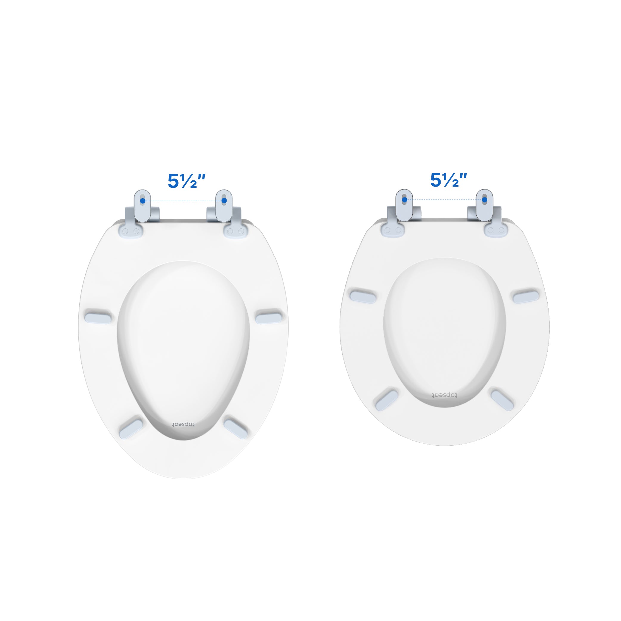Diagram showing the underside of Topseat's elongated and round white toilet seats. Blue dotted lines at the top hinges indicate the standard 5.5-inch mounting hole spacing, demonstrating universal compatibility with most standard U.S. toilet bowls.