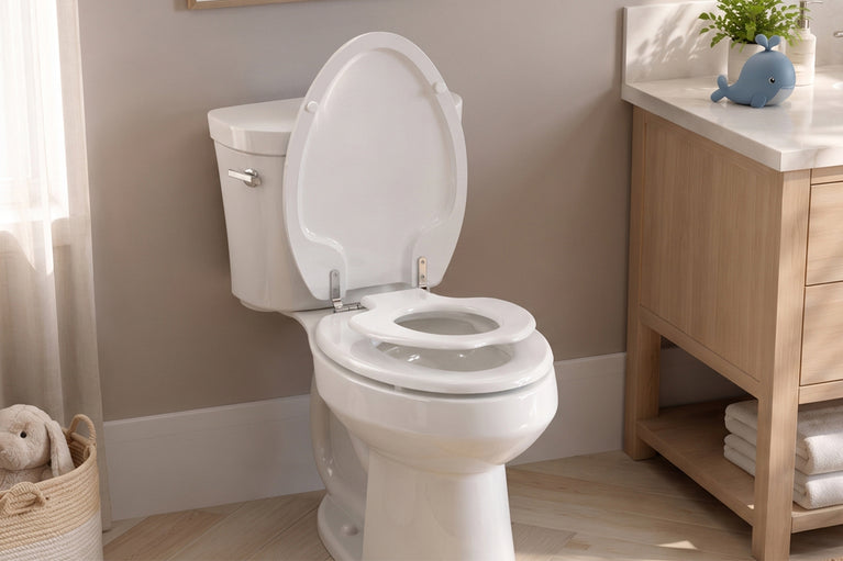 Topseat TinyHiney Potty 2-in-1 potty training toilet seat with built-in child seat installed on a residential toilet in a modern family bathroom.