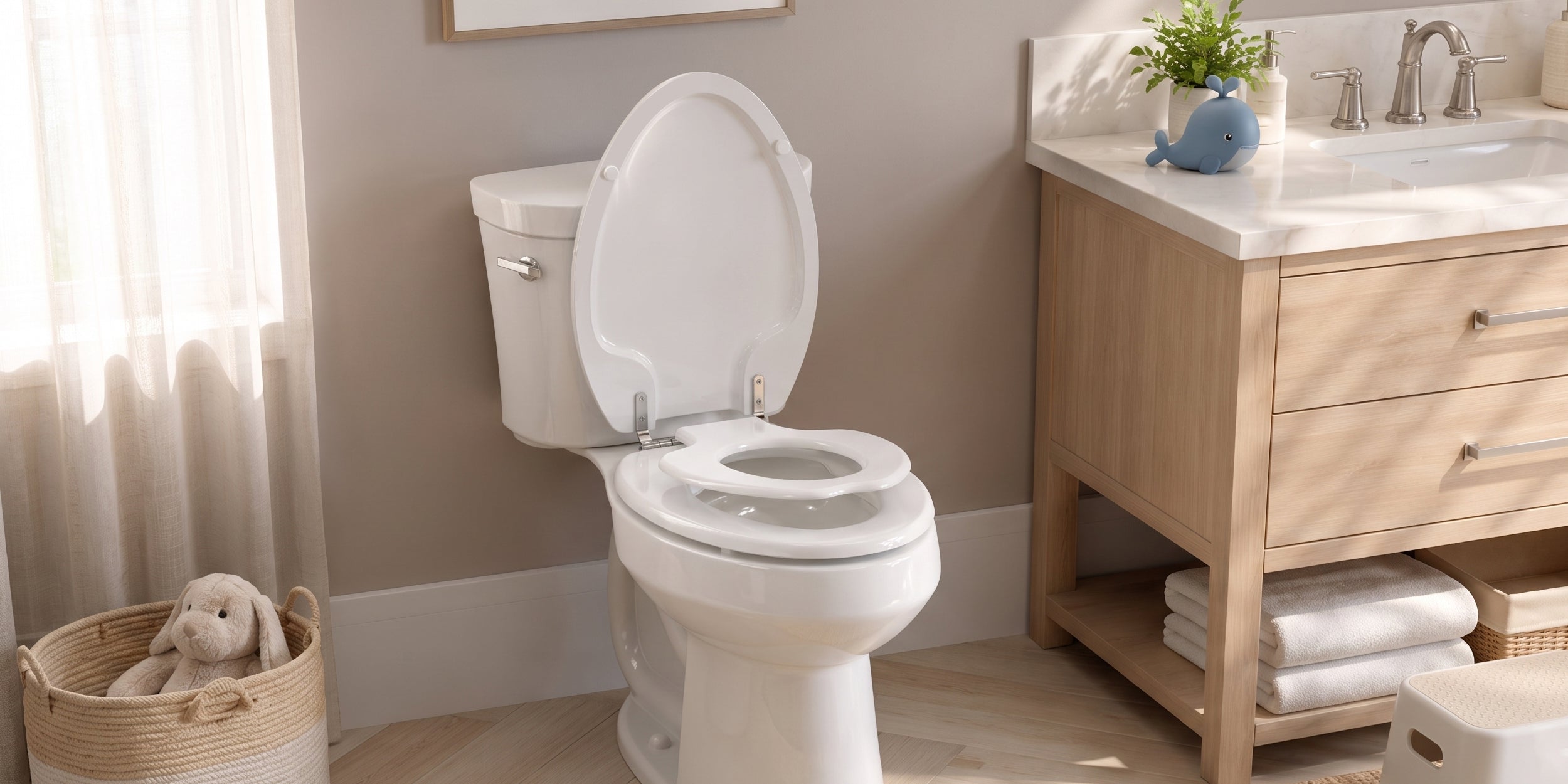 Topseat TinyHiney Potty 2-in-1 potty training toilet seat with built-in child seat installed on a residential toilet in a modern family bathroom.