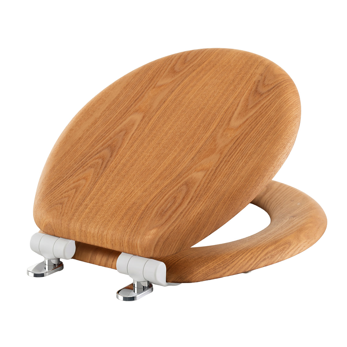 Angled view of the Topseat round premium oak veneer toilet seat with the lid partially open, highlighting the rich natural wood grain and the sleek metal Magic Hinge system. #Round