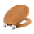 Angled view of the Topseat round premium oak veneer toilet seat with the lid partially open, highlighting the rich natural wood grain and the sleek metal Magic Hinge system. #Round